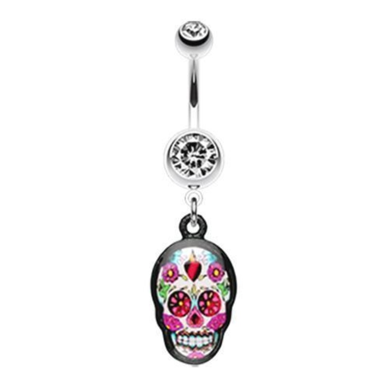 Clear Brightly Sugar Skull Print Dangle Belly Ring 14G (1.6mm) Length: 3/8″ (10mm)