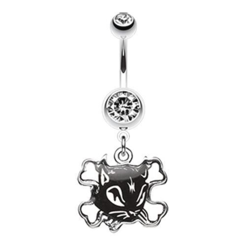Clear Cat Crossbones Dangle Belly Ring 14G (1.6mm) Length: 3/8″ (10mm)