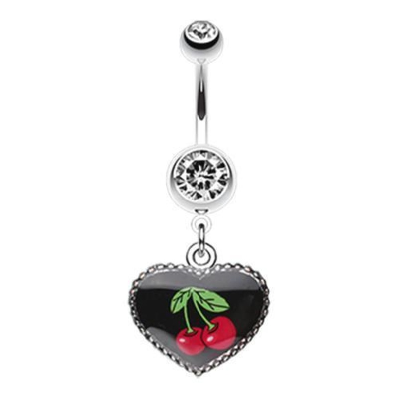 Clear Cherry Heart Dangle Belly Ring 14G (1.6mm) Length: 3/8″ (10mm)