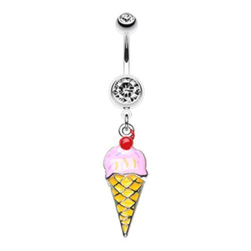 Clear Cherry Jubilee Ice Cream Dangle Belly Ring 14G (1.6mm) Length: 3/8″ (10mm)