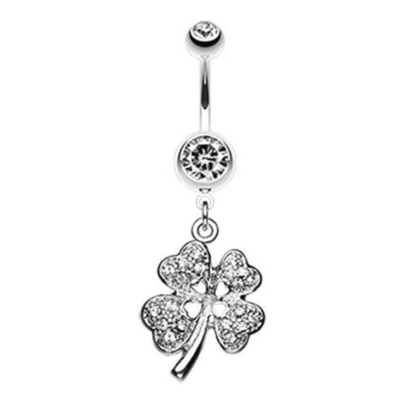 Clear Classic Four Leaf Clover Sparkle Dangle Belly Ring 14G (1.6mm) Length: 3/8″ (10mm)