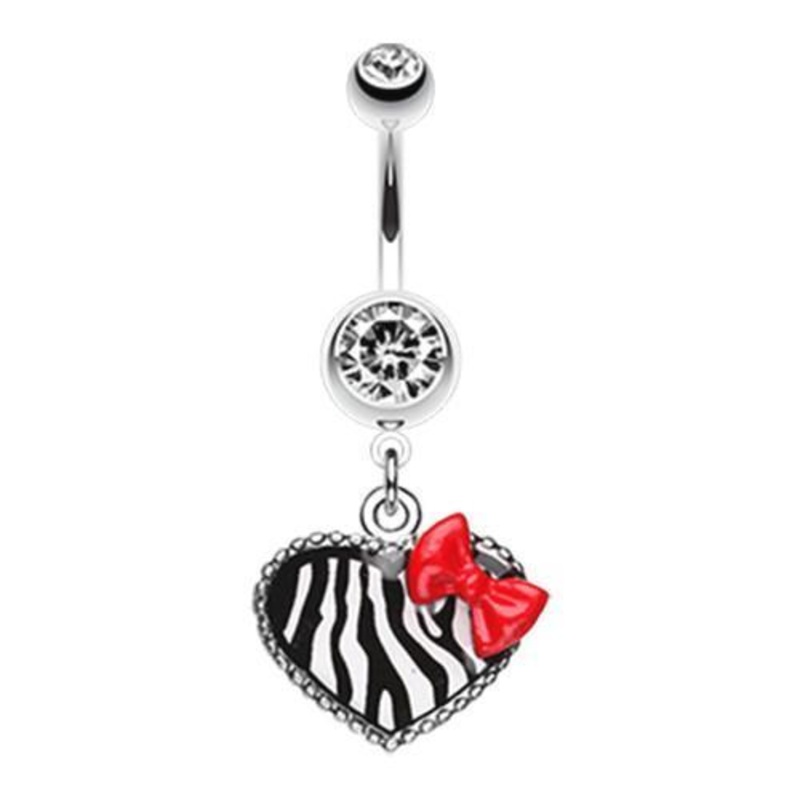 Clear Cute Zebra Heart Red Bow Charm Dangle Belly Ring 14G (1.6mm) Length: 3/8″ (10mm)