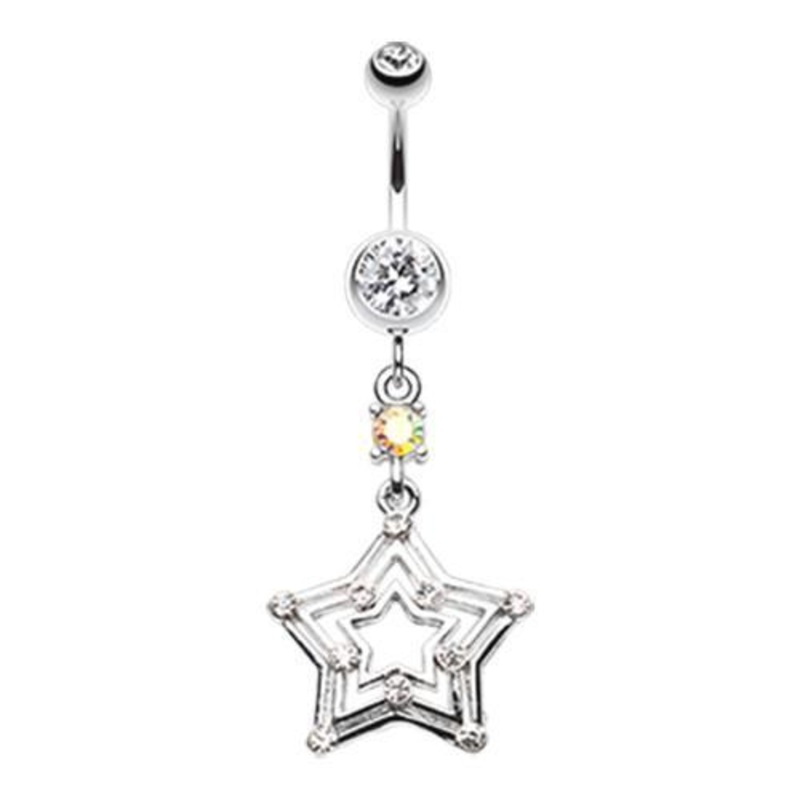 Clear Dazzling Star Dangle Belly Ring 14G (1.6mm) Length: 3/8″ (10mm)