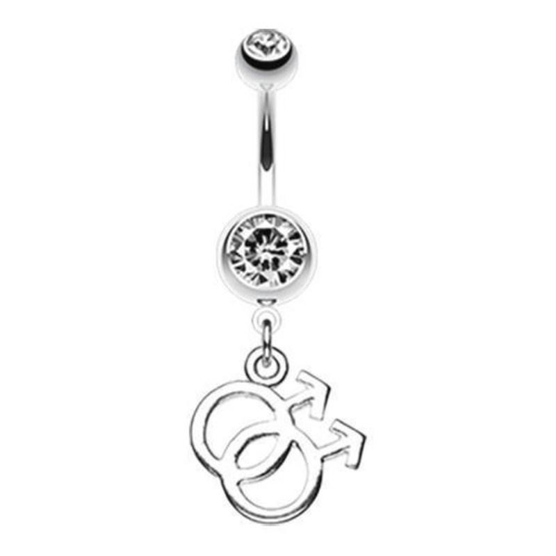 Clear Double Male Symbol Gay Pride Dangle Belly Ring 14G (1.6mm) Length: 3/8″ (10mm)