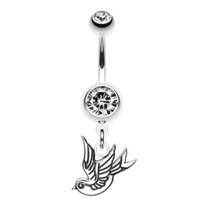 Clear Flying Mini Swallow Dangle Belly Ring 14G (1.6mm) Length: 3/8″ (10mm)