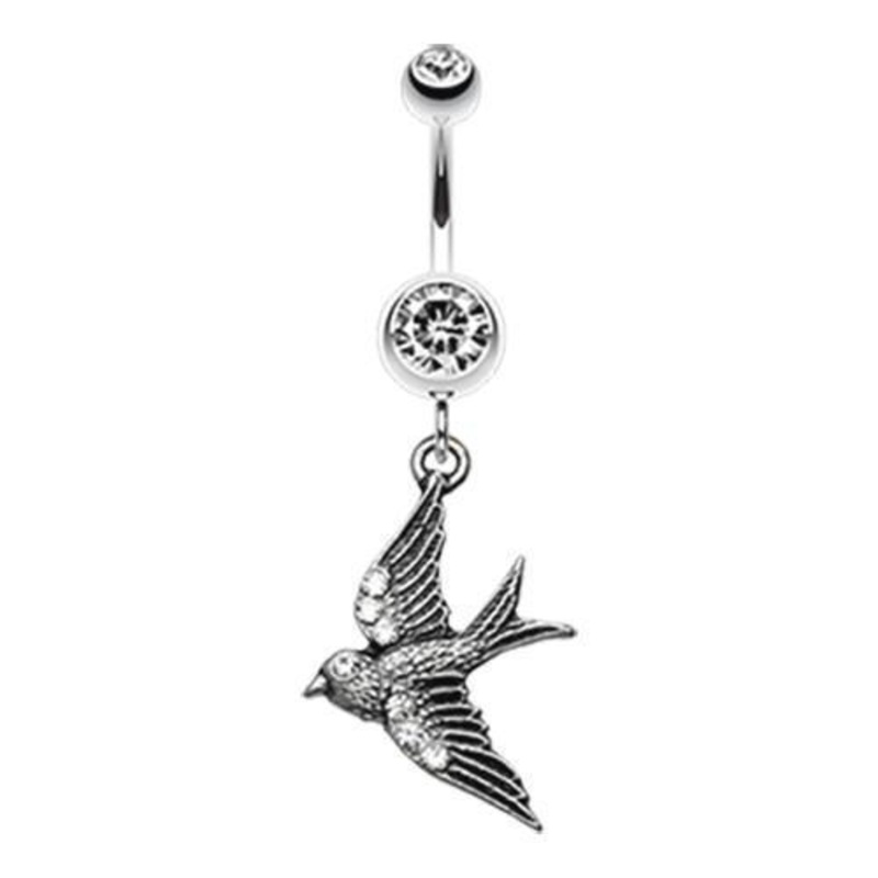Clear Flying Swallow Sparkle Dangle Belly Ring 14G (1.6mm) Length: 3/8″ (10mm)