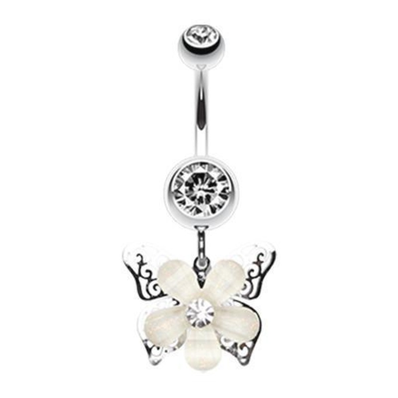 Clear Glittered Flower Butterfly Dangle Belly Ring 14G (1.6mm) Length: 3/8″ (10mm)