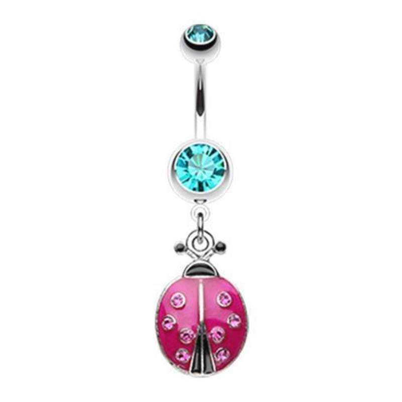 Teal/Fuchsia Adorable Ladybug Sparkle Dangle Belly Ring 14G (1.6mm) Length: 3/8″ (10mm)