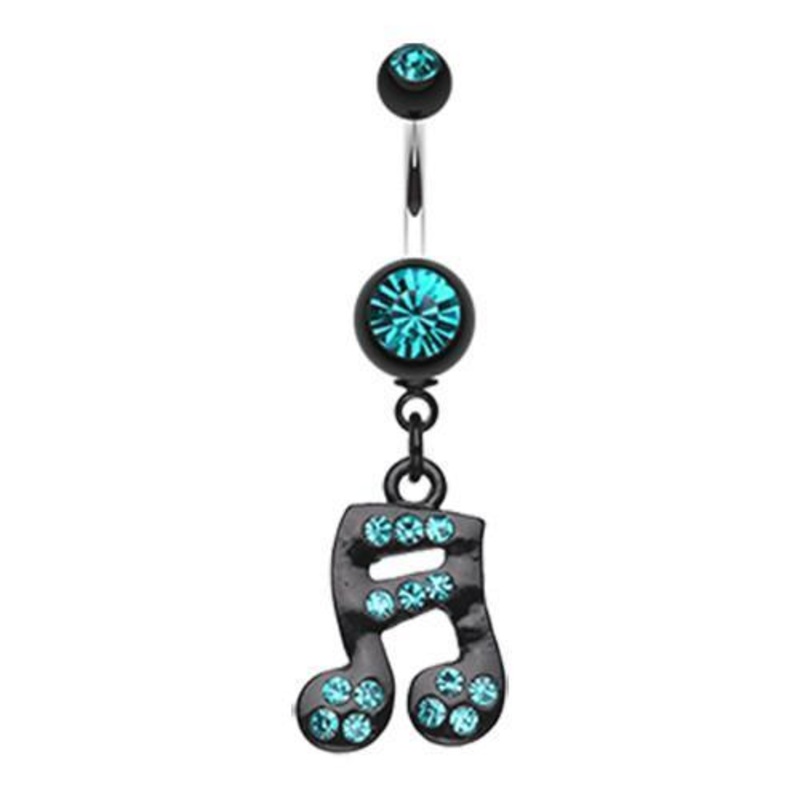 Teal Sparkle Fun Music Note Dangle Belly Ring 14G (1.6mm) Length: 3/8″ (10mm)