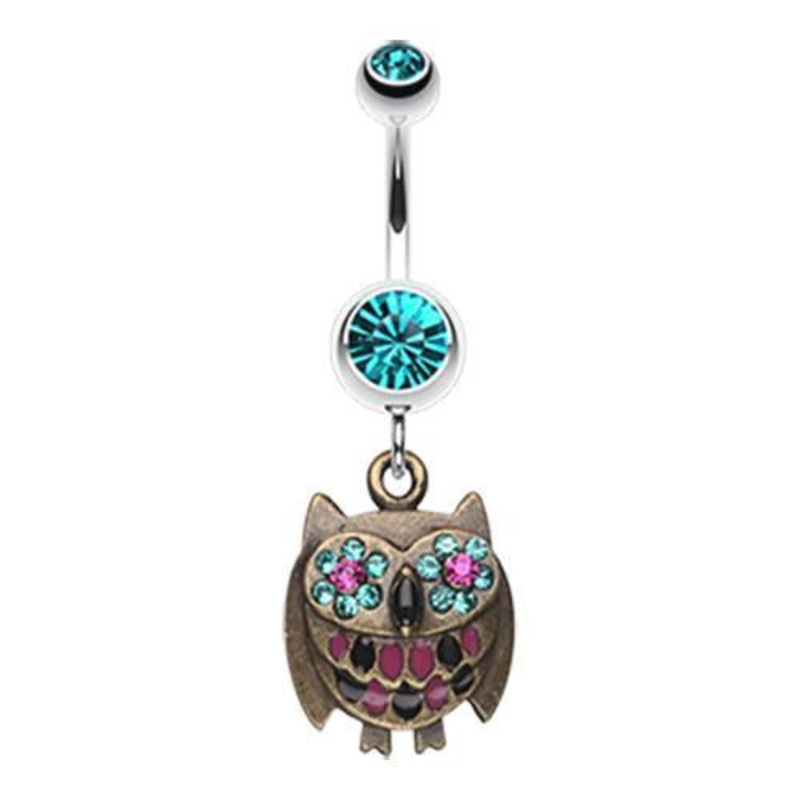 Teal Vintage Owl Sparkle Dangle Belly Ring 14G (1.6mm) Length: 3/8″ (10mm)