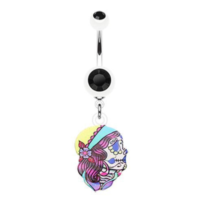 White Dia De Los Muertos Retro Skull Dangle Belly Ring 14G (1.6mm) Length: 3/8″ (10mm)