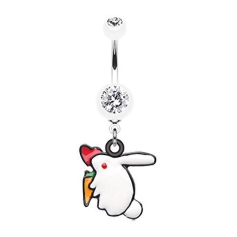 White Love Bunny Dangle Belly Ring 14G (1.6mm) Length: 3/8″ (10mm)