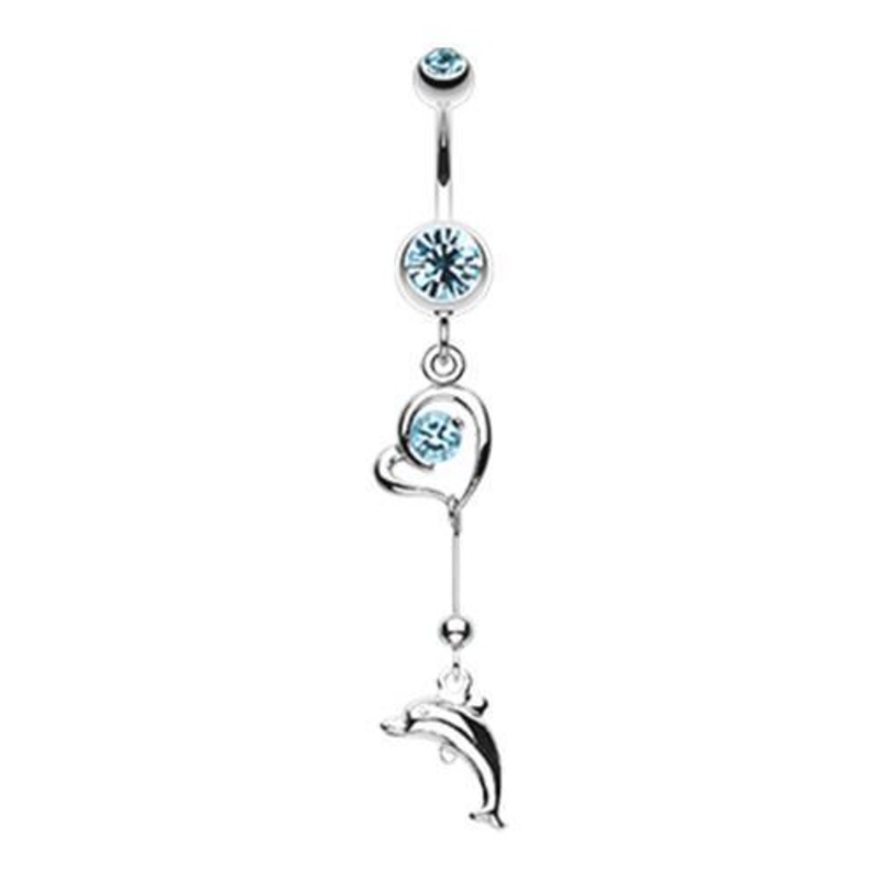 Aqua Dolphin Love Sparkle Dangle Belly Ring 14G (1.6mm) Length: 3/8″ (10mm)