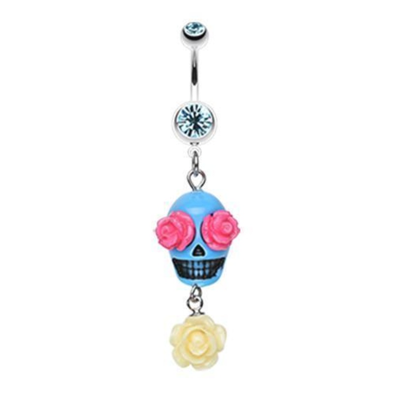 Aqua Florid Sugar Skull Dangle Belly Ring 14G (1.6mm) Length: 3/8″ (10mm)