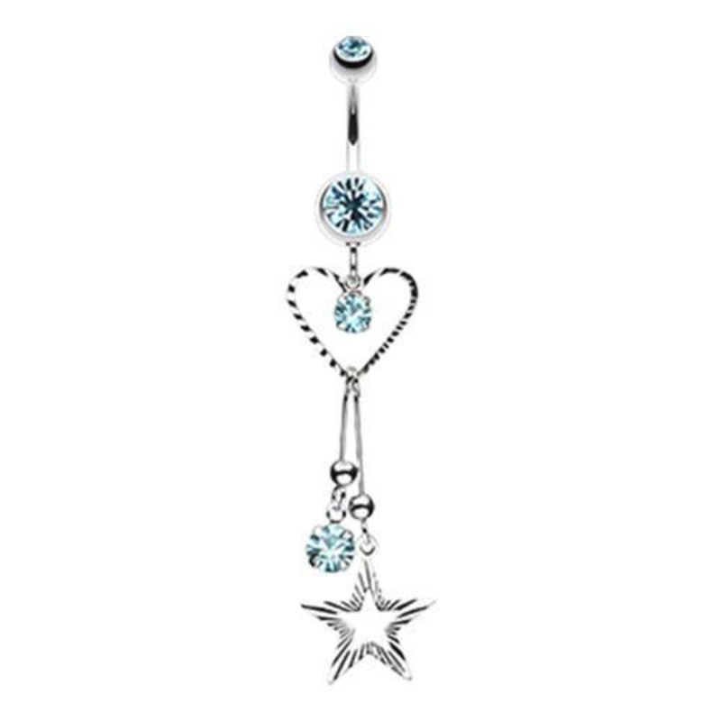 Aqua Heart Star Sparkle Dangle Belly Ring 14G (1.6mm) Length: 3/8″ (10mm)