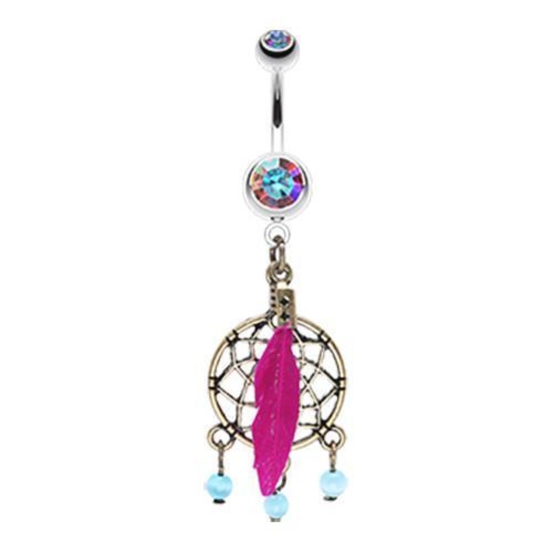 Aurora Borealis Classic Bronze Tone Dream Catcher Dangle Belly Ring 14G (1.6mm) Length: 3/8″ (10mm)