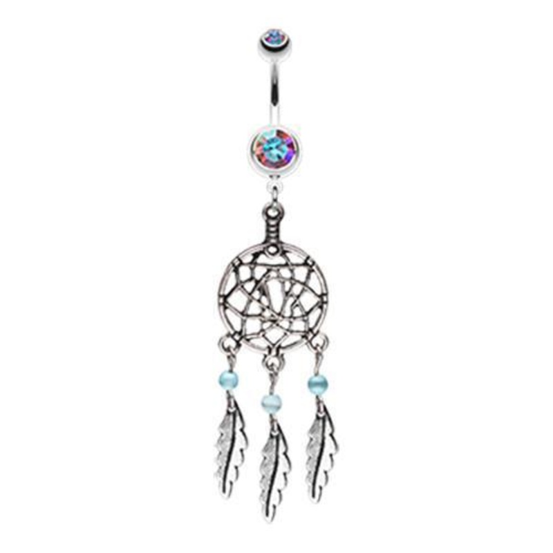 Aurora Borealis Classic Pewter Dream Catcher Dangle Belly Ring 14G (1.6mm) Length: 3/8″ (10mm)