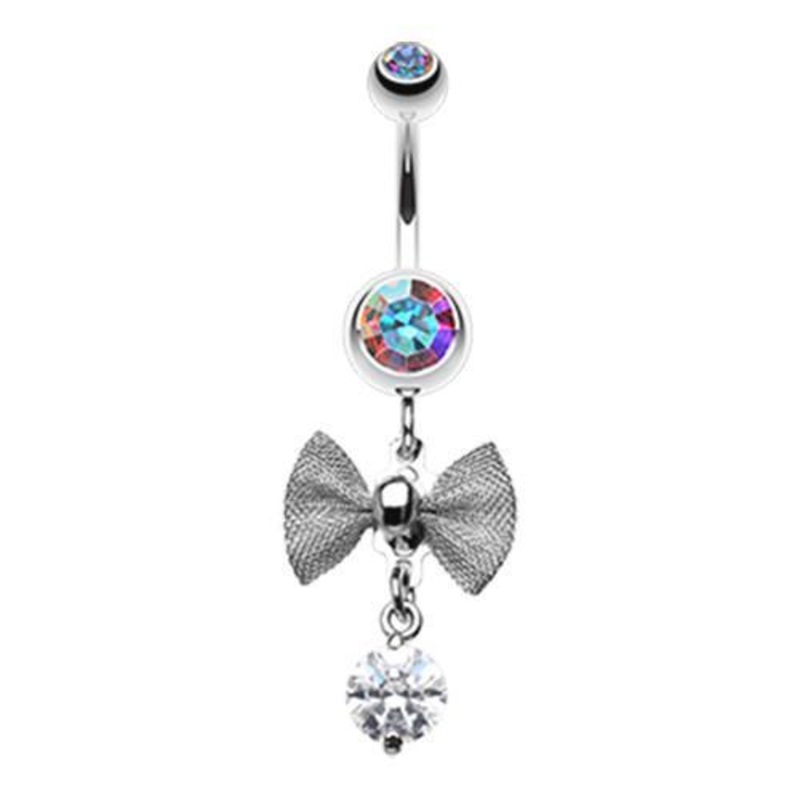 Aurora Borealis Dainty Bow Gem Sparkle Dangle Belly Ring 14G (1.6mm) Length: 3/8″ (10mm)