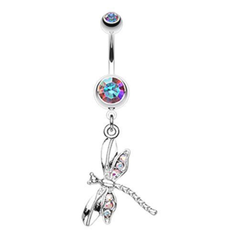 Aurora Borealis Dragonfly Wing Sparkle Dangle Belly Ring 14G (1.6mm) Length: 3/8″ (10mm)