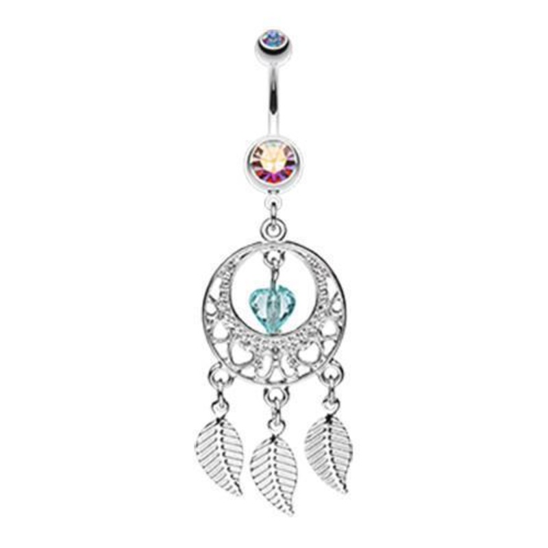 Aurora Borealis Heart Hoop Dream Catcher Dangle Belly Ring 14G (1.6mm) Length: 3/8″ (10mm)
