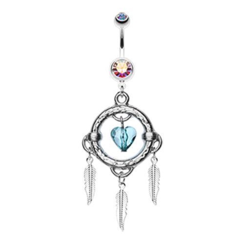 Aurora Borealis Heart Hoop Feather Dream Catcher Dangle Belly Ring 14G (1.6mm) Length: 3/8″ (10mm)
