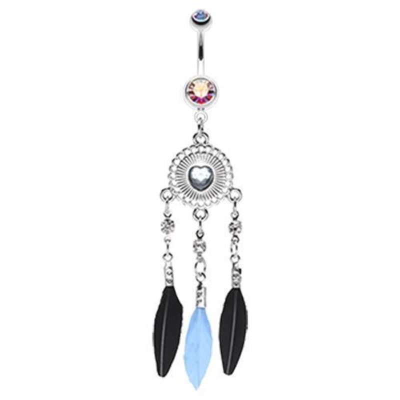 Aurora Borealis Heart Shield Dream Catcher Dangle Belly Ring 14G (1.6mm) Length: 3/8″ (10mm)