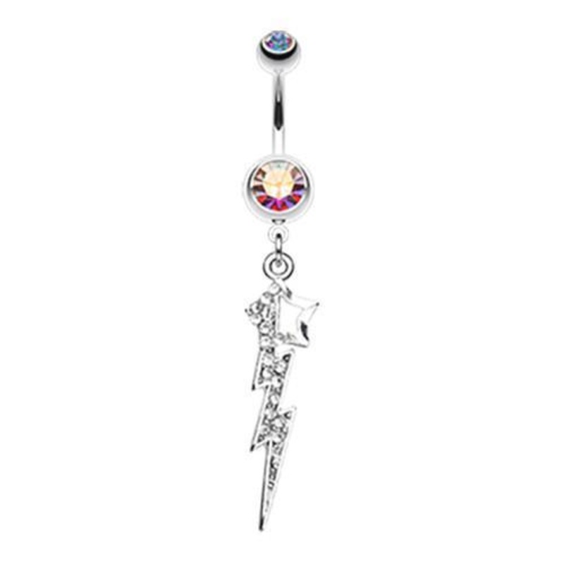 Aurora Borealis Lightning Star Dangle Belly Ring 14G (1.6mm) Length: 3/8″ (10mm)