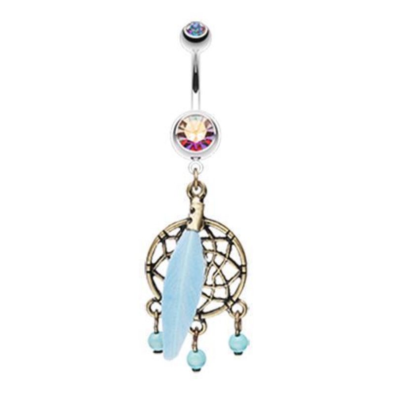 Aurora Borealis Vintage Bronze Dream Catcher Dangle Belly Ring 14G (1.6mm) Length: 3/8″ (10mm)