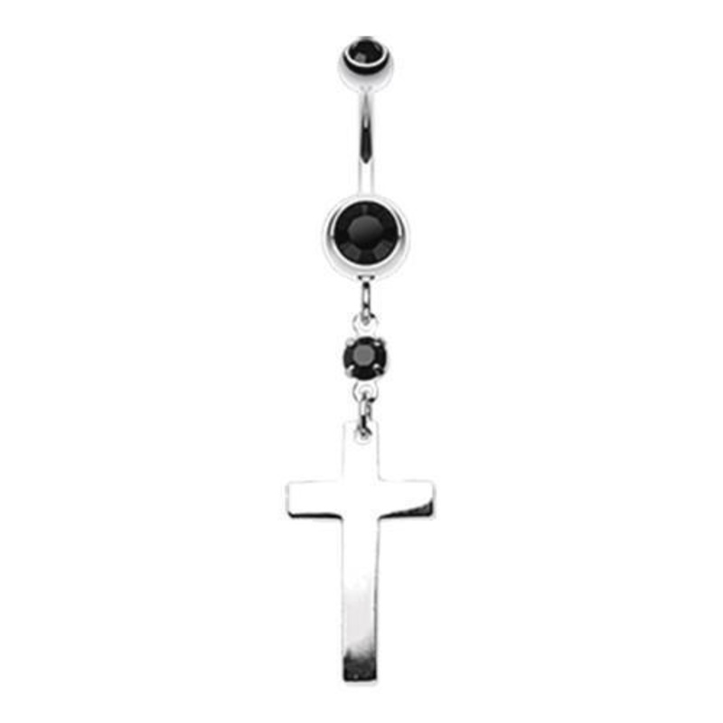 Black Classic Cross Dangle Belly Ring 14G (1.6mm) Length: 3/8″ (10mm)