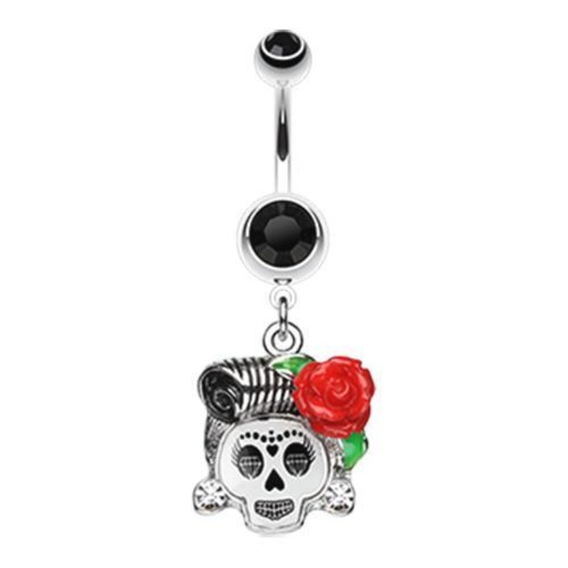 Black Dolled Up Sugar Skull Dangle Belly Ring 14G (1.6mm) Length: 3/8″ (10mm)