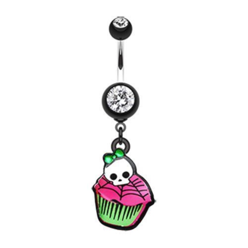 Black Emo Skull Cupcake Dangle Belly Ring 14G (1.6mm) Length: 3/8″ (10mm)