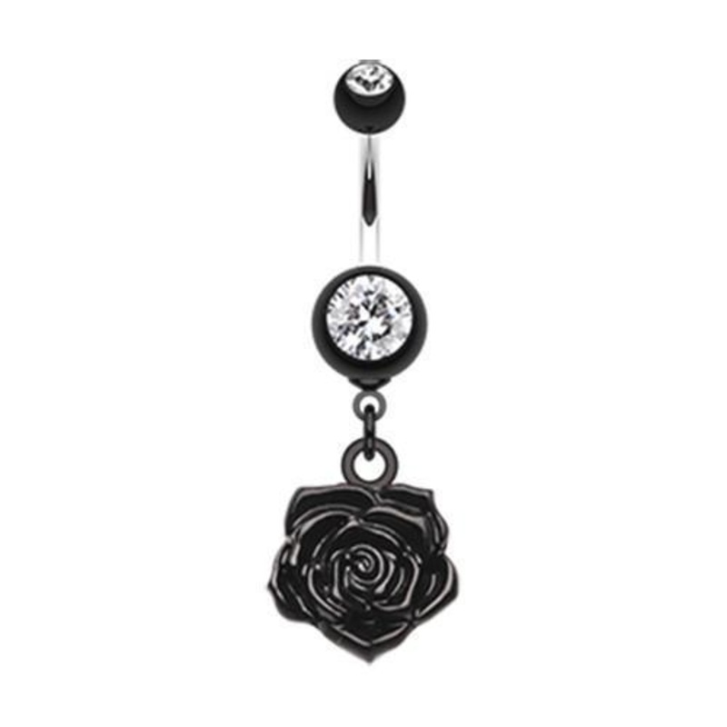 Black Immortal Rose Dangle Belly Ring 14G (1.6mm) Length: 3/8″ (10mm)