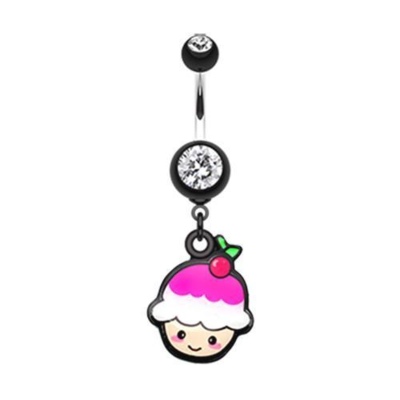 Black Kawaii Cherry Cupcake Dangle Belly Ring 14G (1.6mm) Length: 3/8″ (10mm)