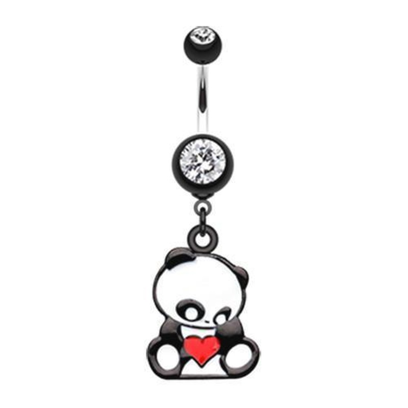 Black Panda Heart Dangle Belly Ring 14G (1.6mm) Length: 3/8″ (10mm)