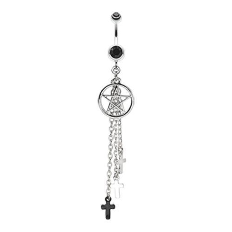 Black Pentagram Triple Cross Charm Dangle Belly Ring 14G (1.6mm) Length: 3/8″ (10mm)