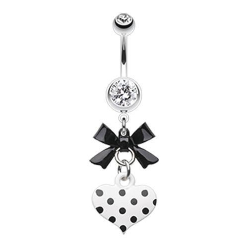 Black Polka Dot Heart and Bow Dangle Belly Ring 14G (1.6mm) Length: 3/8″ (10mm)