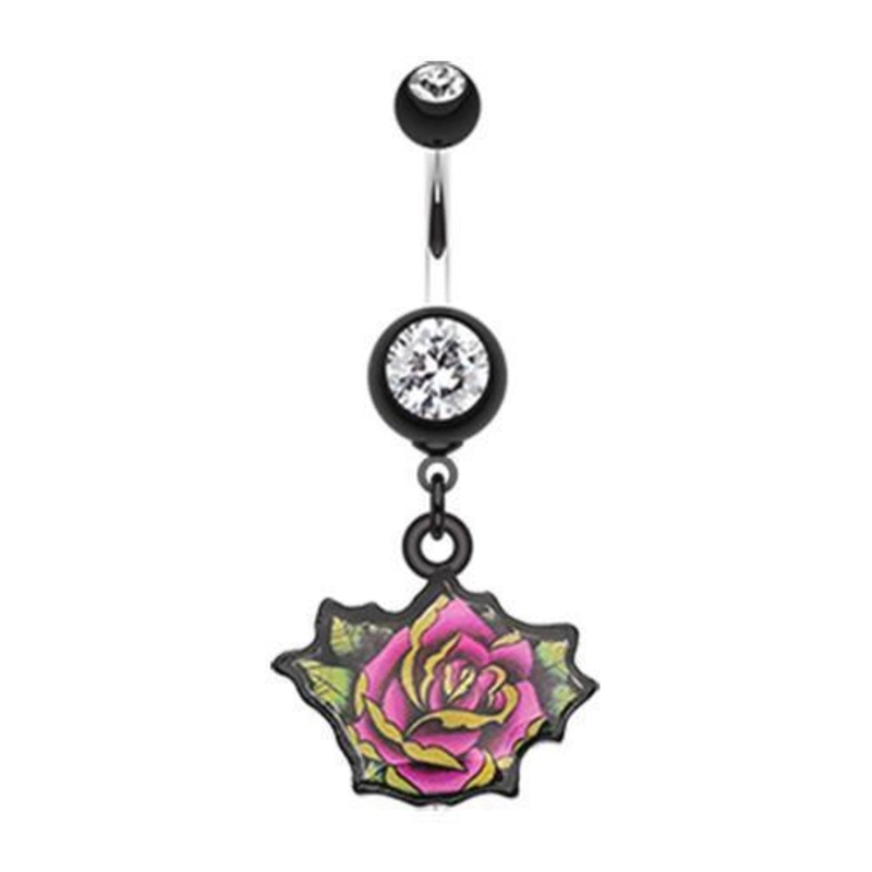 Black Retro Tattooed Rose Dangle Belly Ring 14G (1.6mm) Length: 3/8″ (10mm)