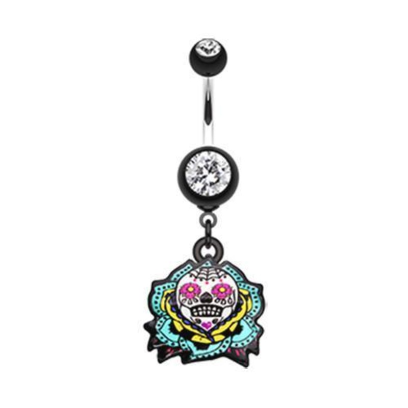Black Sugar Skull Rose Dangle Belly Ring 14G (1.6mm) Length: 3/8″ (10mm)