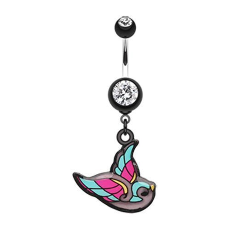 Black Vibrant Bird Dangle Belly Ring 14G (1.6mm) Length: 3/8″ (10mm)