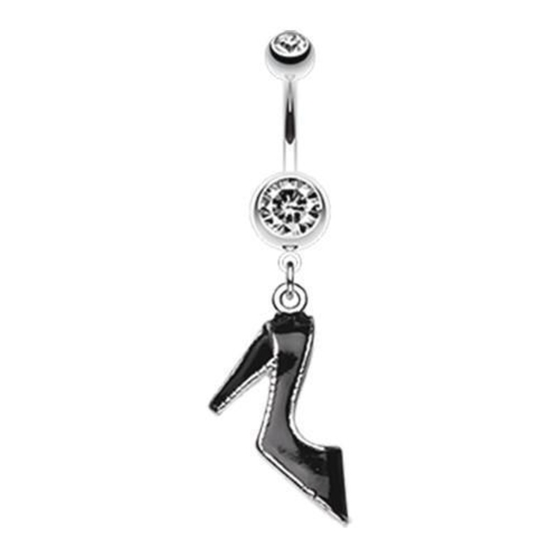 Clear Black Stiletto High Heel Dangle Belly Ring 14G (1.6mm) Length: 3/8″ (10mm)