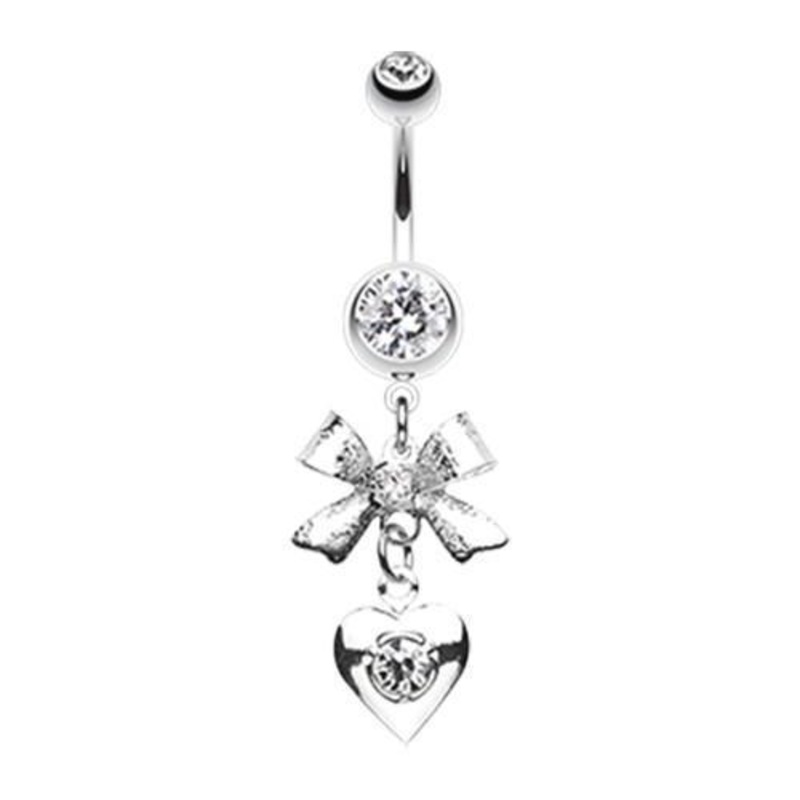 Clear Bow-Tie Heart Dangle Belly Ring 14G (1.6mm) Length: 3/8″ (10mm)