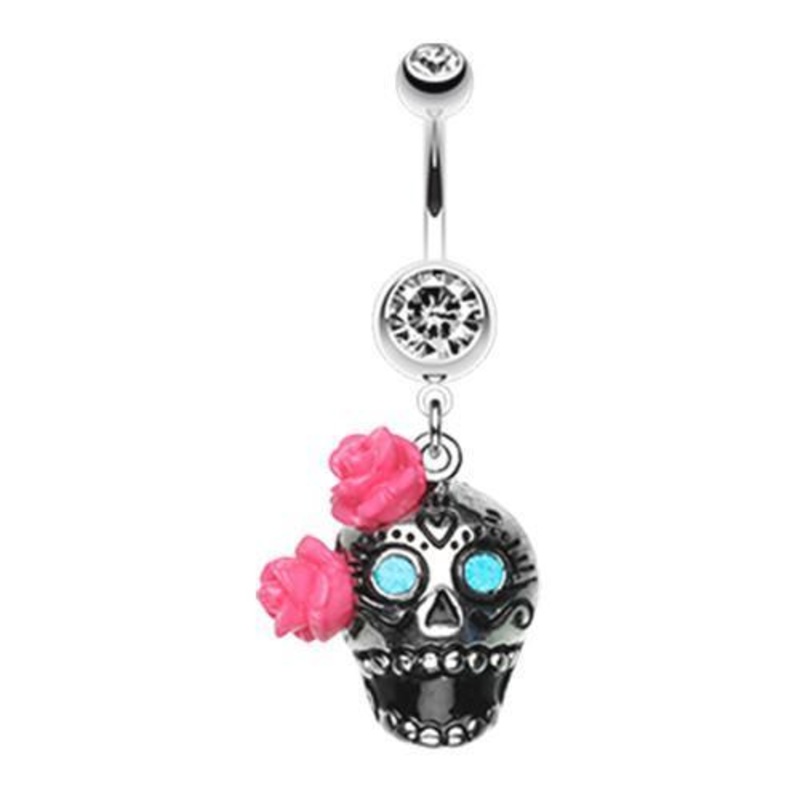 Clear Bright Sugar Skull Rose Dangle Belly Ring 14G (1.6mm) Length: 3/8″ (10mm)