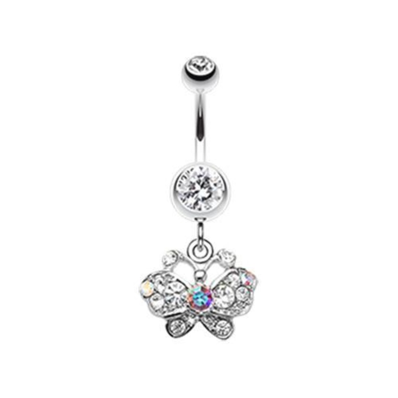 Clear Charming Butterfly Dangle Belly Ring 14G (1.6mm) Length: 3/8″ (10mm)