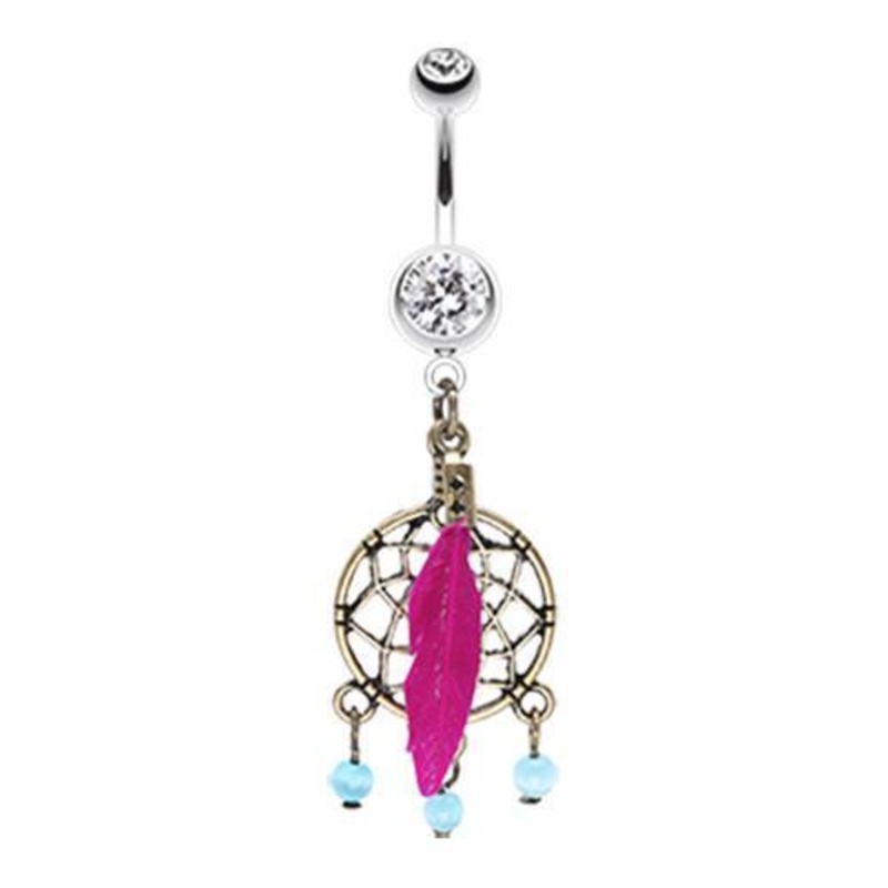 Clear Classic Bronze Tone Dream Catcher Dangle Belly Ring 14G (1.6mm) Length: 3/8″ (10mm)