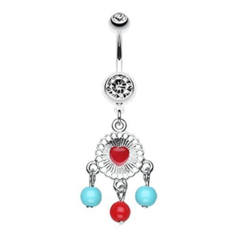 Clear Colorful Heart Dream Catcher Dangle Belly Ring 14G (1.6mm) Length: 3/8″ (10mm)