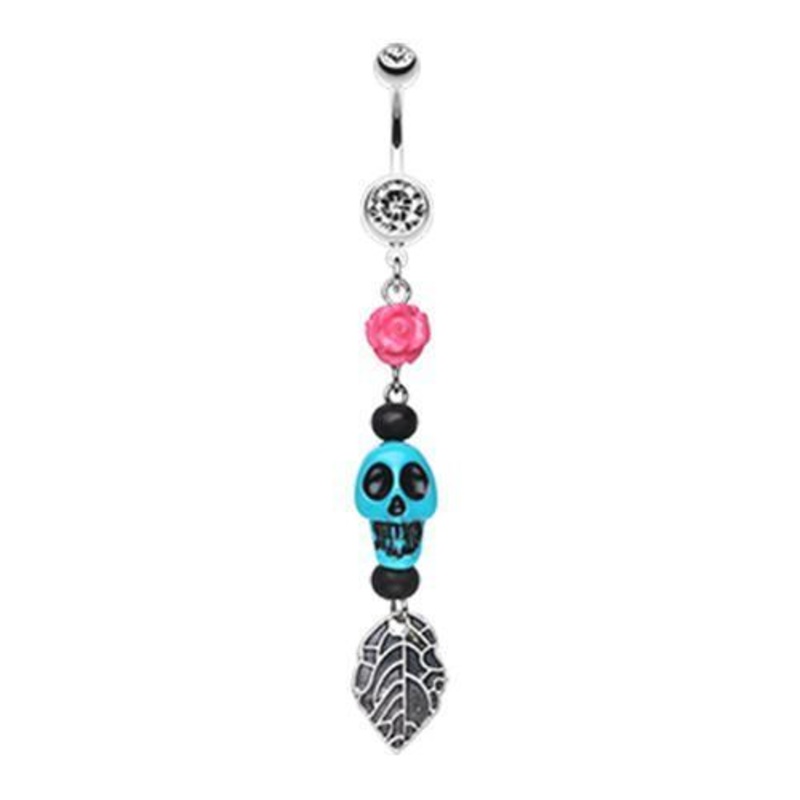 Clear Colorful Rose Skull Leaf Dangle Belly Ring 14G (1.6mm) Length: 3/8″ (10mm)