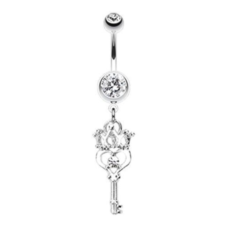 Clear Crowned Heart Key Dangle Belly Ring 14G (1.6mm) Length: 3/8″ (10mm)