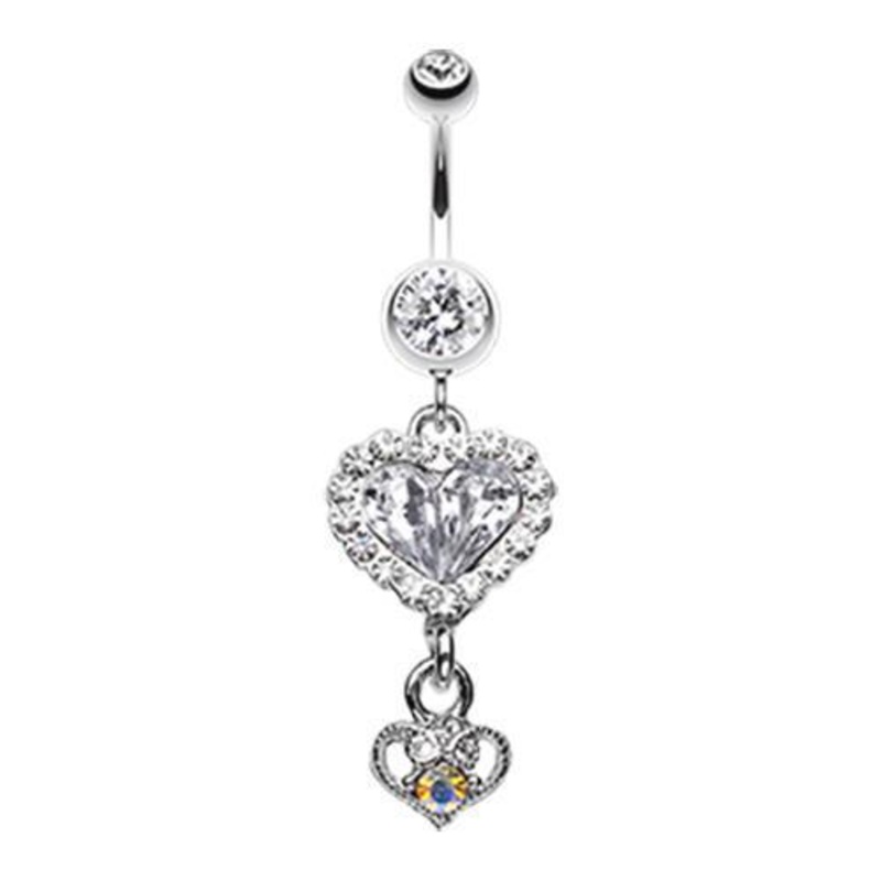 Clear Crystal Heart in Heart Dangle Belly Ring 14G (1.6mm) Length: 3/8″ (10mm)
