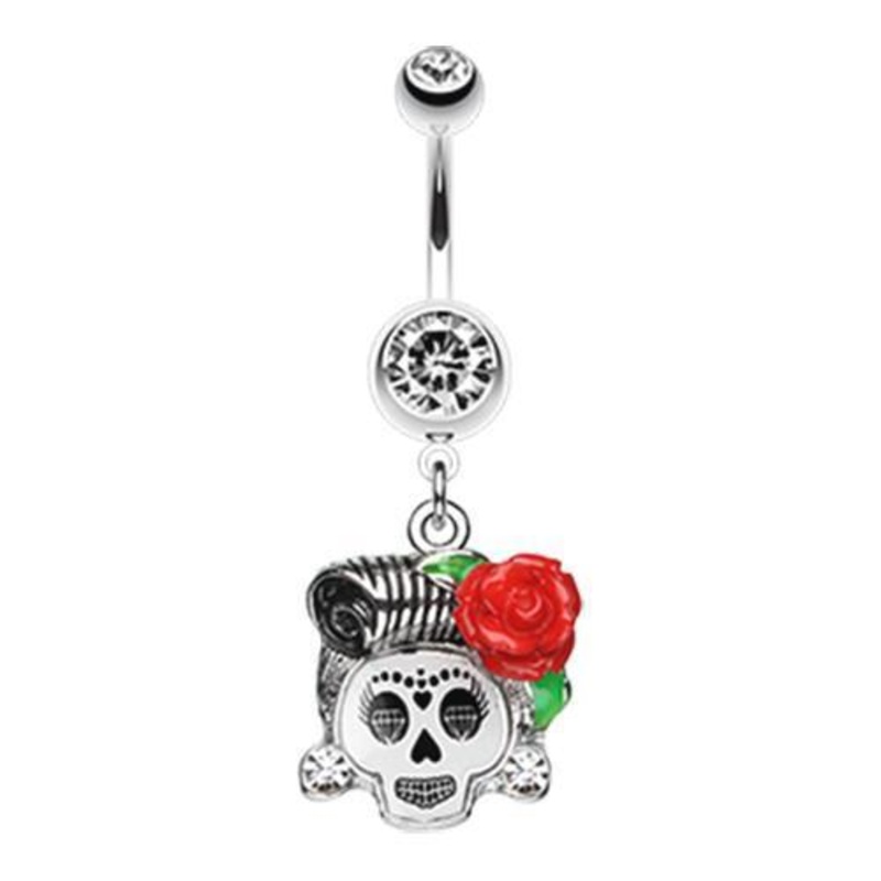 Clear Dolled Up Sugar Skull Dangle Belly Ring 14G (1.6mm) Length: 3/8″ (10mm)