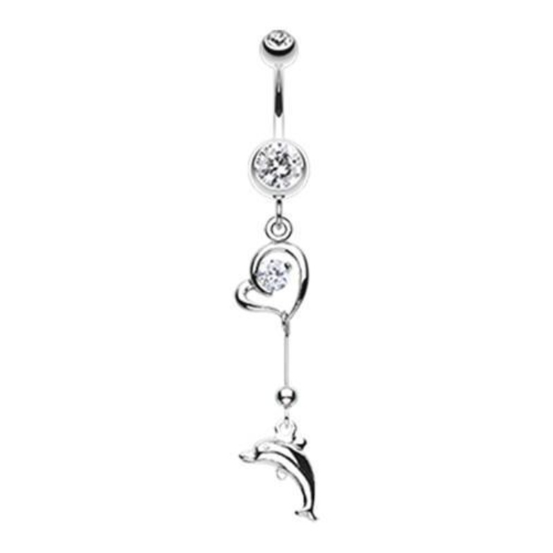 Clear Dolphin Love Sparkle Dangle Belly Ring 14G (1.6mm) Length: 3/8″ (10mm)